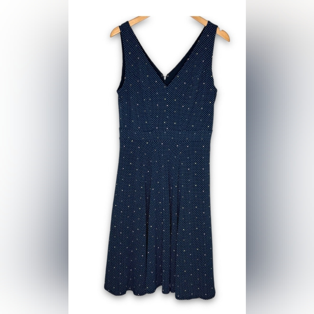 Ann Taylor Sleveless Fit & Flare Dress Size 2 Navy Polka Dot Stretch